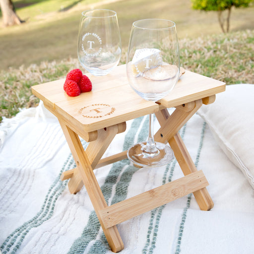 Engraved Mini Bamboo Picnic Table with Engraved Wine Glasses
