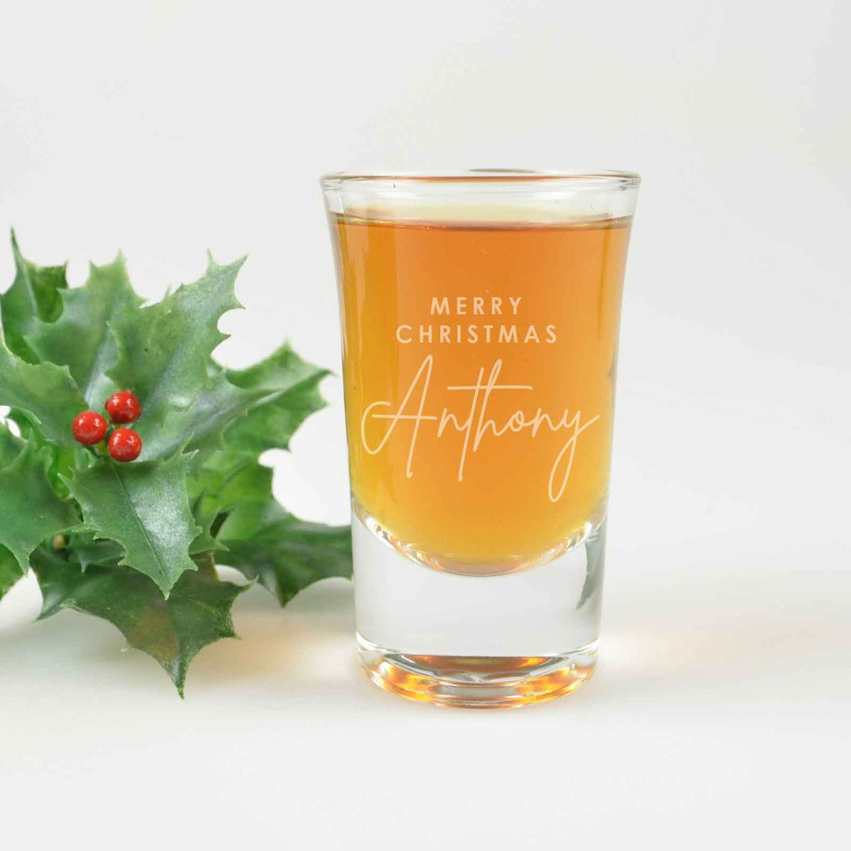 Engraved Christmas shot glasses, a Secret Santa gift under $20