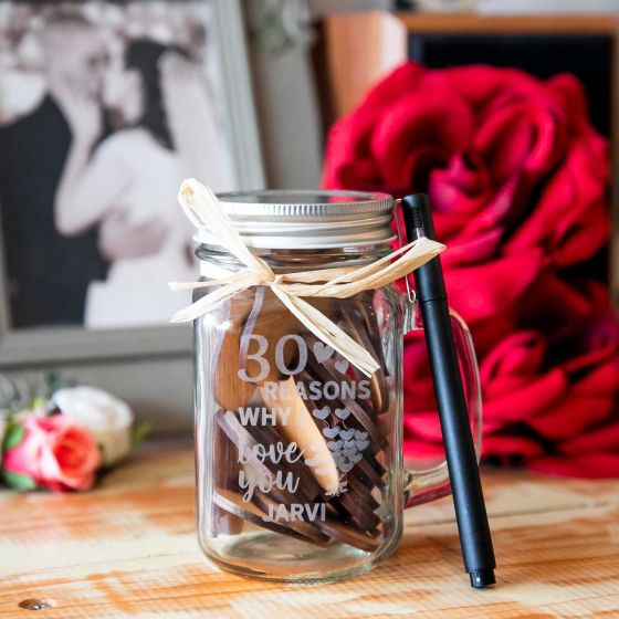 Customised Engraved "30 reasons why I love you" Mason Jar with 30 laser cut Wooden Hearts inside present