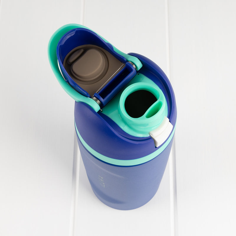 Personalised children's drink bottle with engraved name, easy-carry handle and built-in straw.