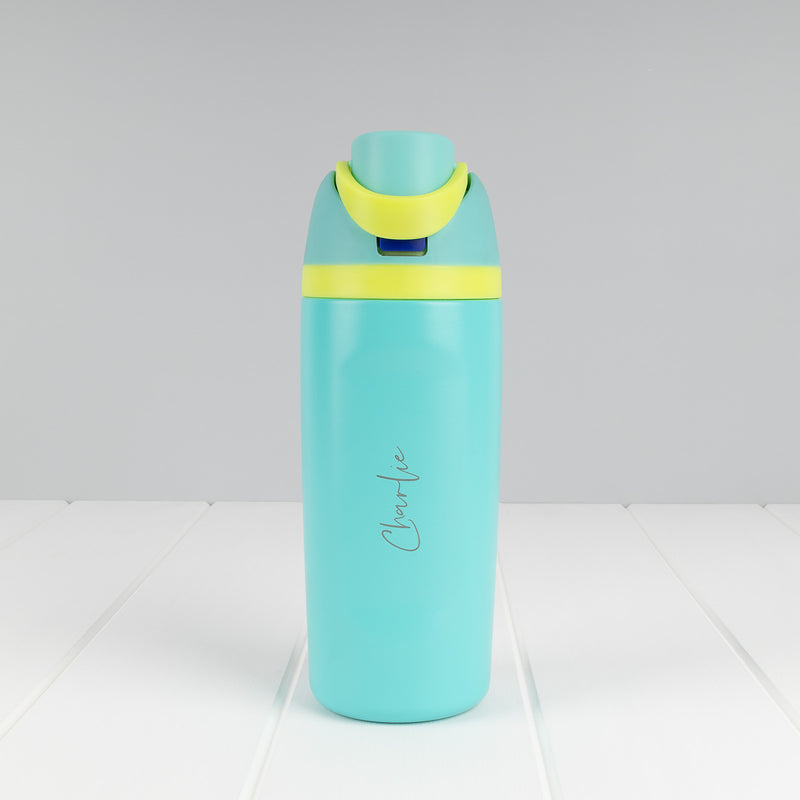 Double-wall insulated 480ml stainless steel water bottle personalised for school, daycare and sport.