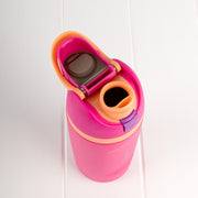 Easy-sip flip-top straw lid on personalised 480ml stainless steel kids drink bottle.