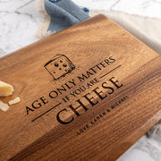 Custom engraved wooden cheese board for milestone birthday gift with fun and stylish design
