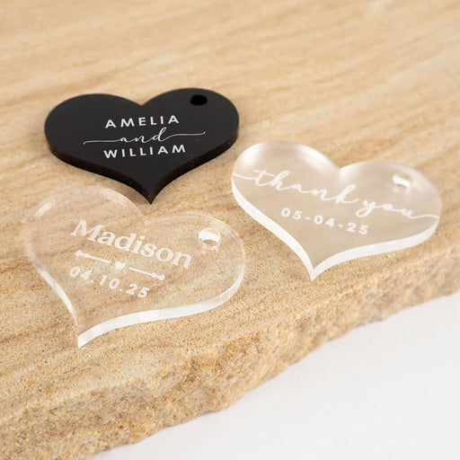 Customised Engraved Acrylic heart shaped wedding favour gift tags