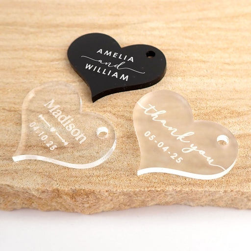 Engraved Personalised black, frosted and clear heart shaped wedding favour gift tags