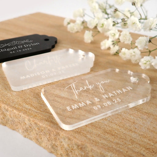 Personalised Engraved Black, White, Frosted Wedding Favour Gift Tags