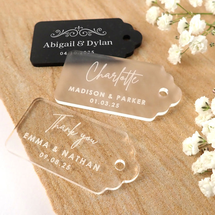 Custom Engraved Black, White, Frosted Wedding Gift Tag Favours