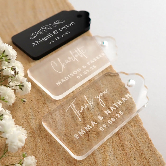 Customised Engraved Guest Names Black, White, Frosted Wedding Bonbonniere Gift Tags