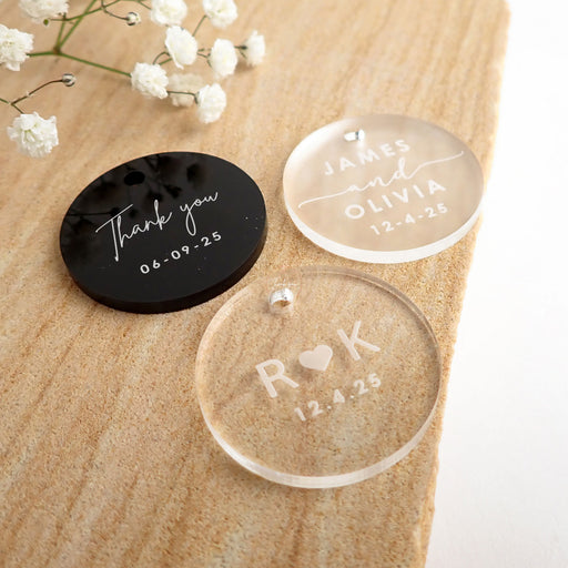 Customised Engraved Name Round Black, Clear & Frosted Acrylic Wedding Favour Gift Tags