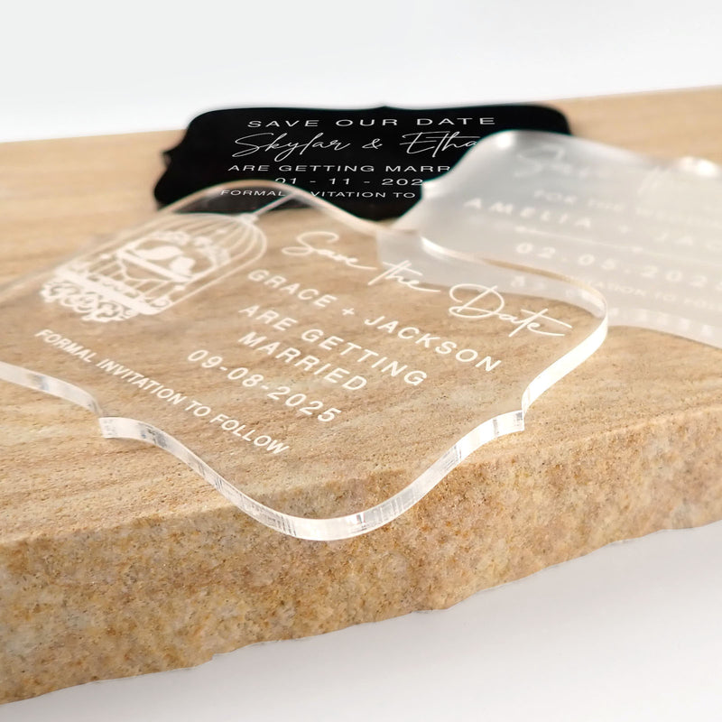 Customised Engraved Name Clear, Black and Frosted Acrylic Save the Date Wedding Invitations