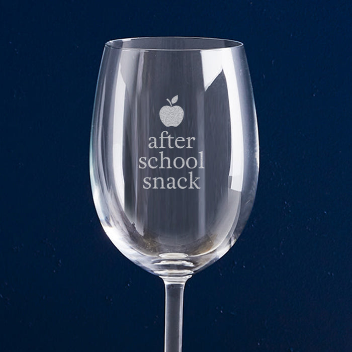 Teacher gift wine glass engraved with humorous “After School Snack” phrase