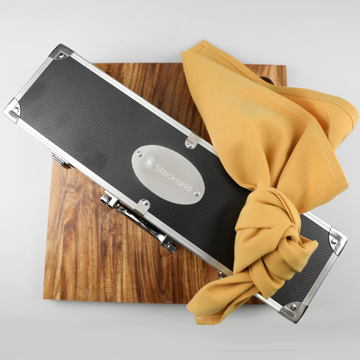 Engraved stainless steel BBQ tool set with corporate logo in oxidised white finish inside aluminium case