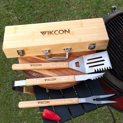 Engraved corporate BBQ tool set with bamboo handles and custom branded carry case
