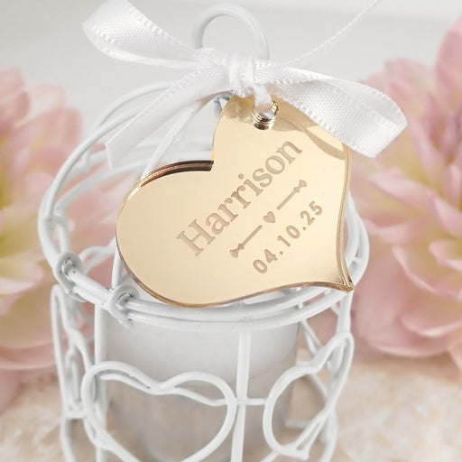 Engraved mirror acrylic gift tag with birdcage candle wedding favour