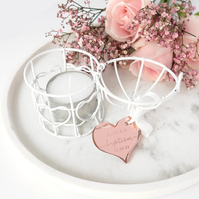 Birdcage Tealight Holder with Personalised Engraved Rose Gold Acrylic Christening heart Gift Tag Favours