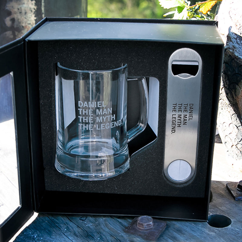 Personalised Gift Boxed Engraved Birthday 500ml Beer Mug and Stainless Steel Barmate Present