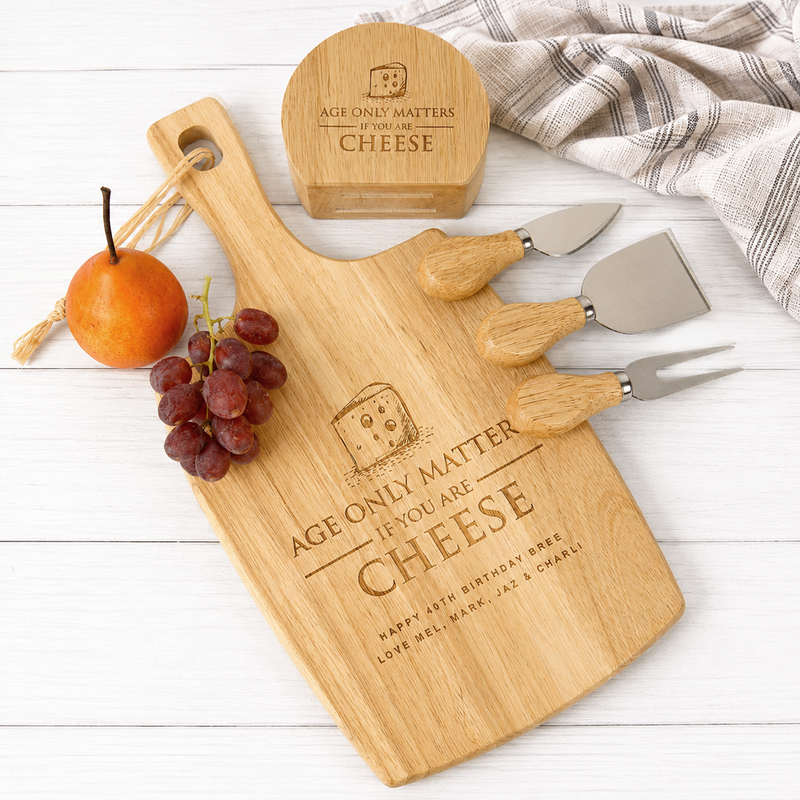 Engraved wooden paddle serving board with matching cheese knife block set