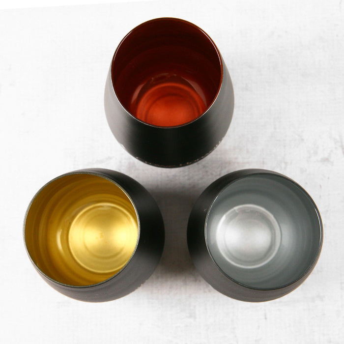 Copper, Gold and Silver Inner Lining for Matte Black Stemless Birthday Wine Glasses