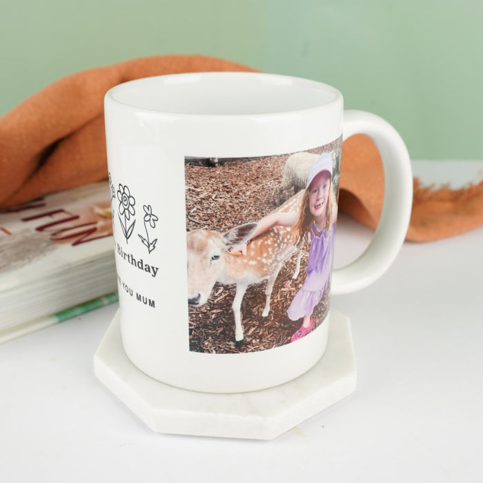 Personalised birthday photo mug featuring custom images and a special message, perfect for milestone celebrations.