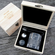 Custom Artwork Engraved Spinning Scotch Glass, Round Whiskey Stone and Bourbon Tongs presented in a personalised Wooden Box. Gift for men