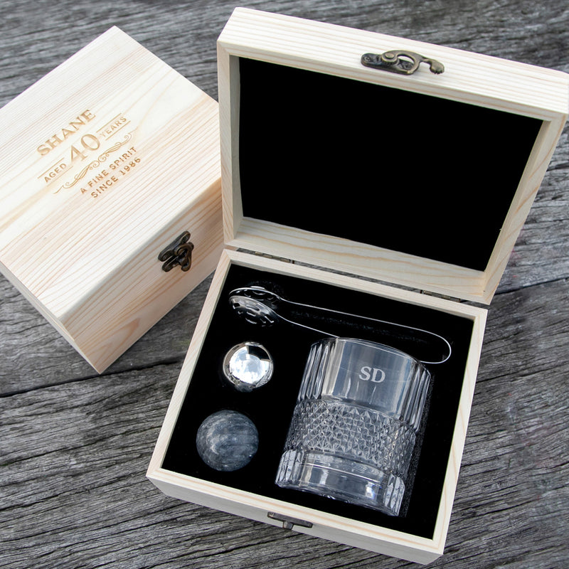 Custom Artwork Engraved Spinning Scotch Glass, Round Whiskey Stone and Bourbon Tongs presented in a personalised Wooden Box. Gift for men