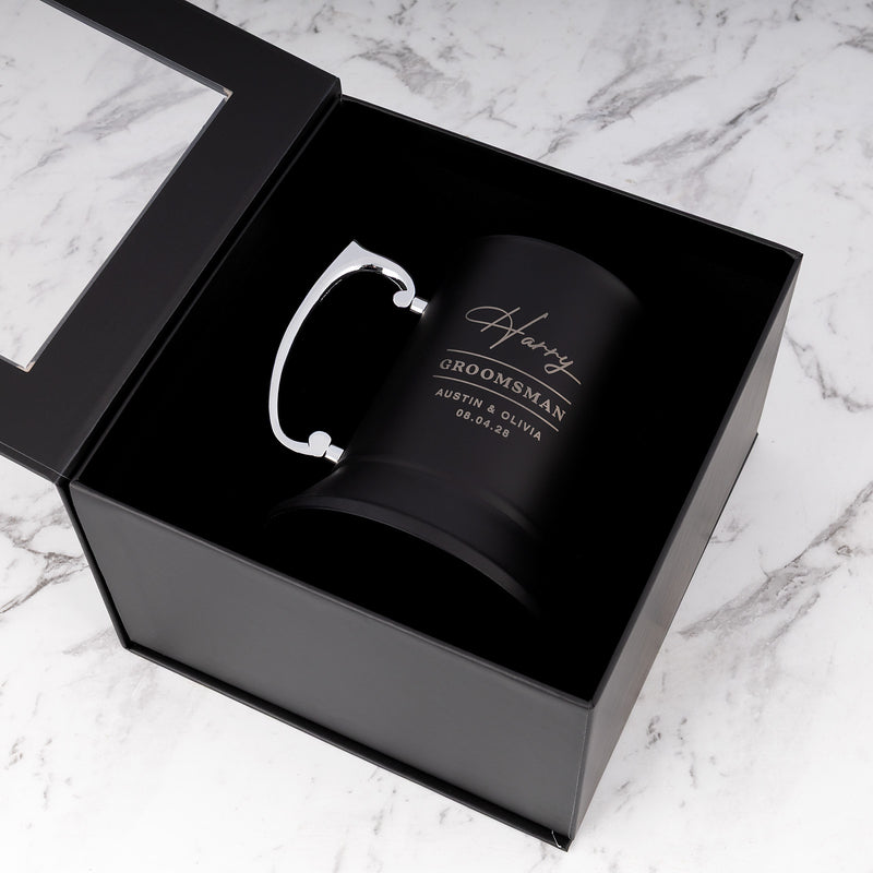 Personalised wedding beer mug presented in a premium black gift box.