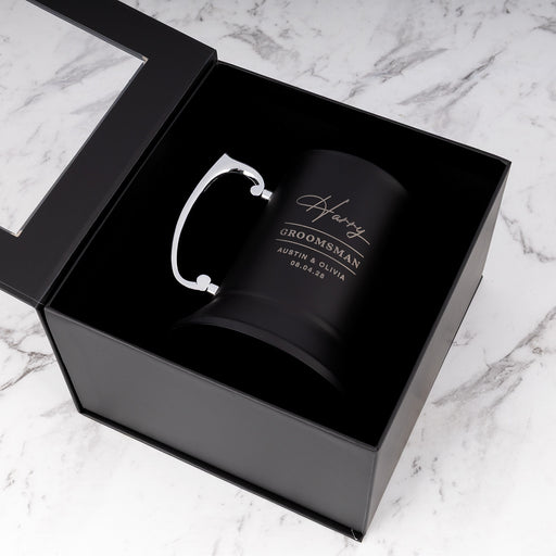Personalised wedding beer mug presented in a premium black gift box.