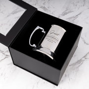Personalised stainless steel wedding beer mug presented in a black gift box.