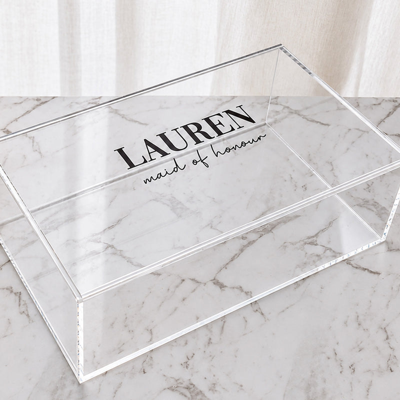 Clear acrylic bridal party gift box personalised with bridesmaid name