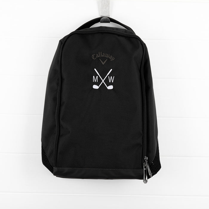 Personalised black Callaway golf shoe bag with custom embroidered crossed golf clubs and initials