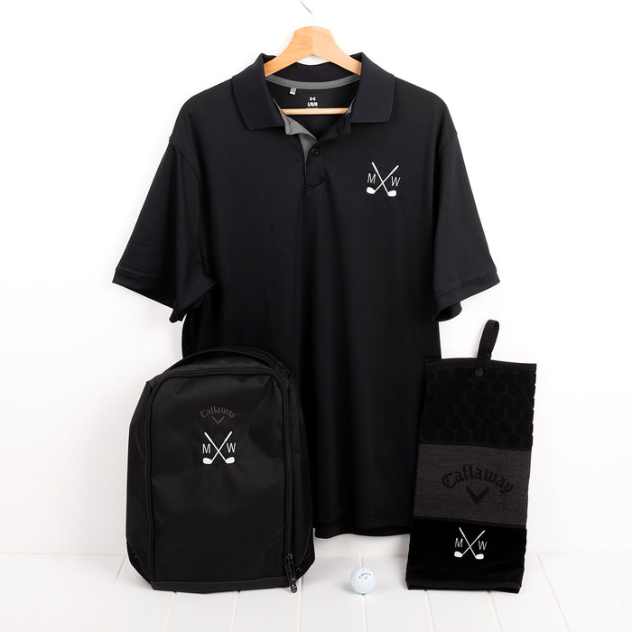 Personalised golf gift bundle with Under Armour polo, Callaway shoe bag, and towel
