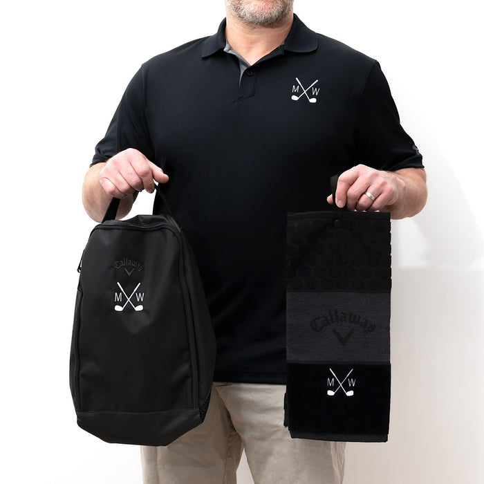 Custom embroidered golf set including polo shirt, towel and shoe bag