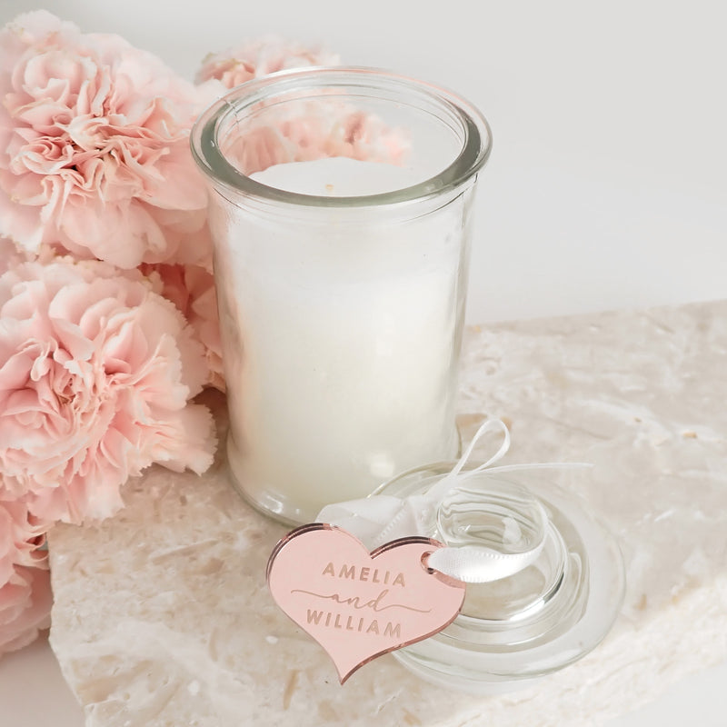 Personalised jasmine scented candle with acrylic gift tag