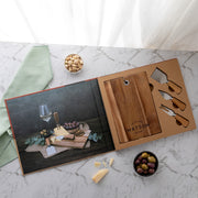 Engraved cheese board and knife set in book-style kraft packaging