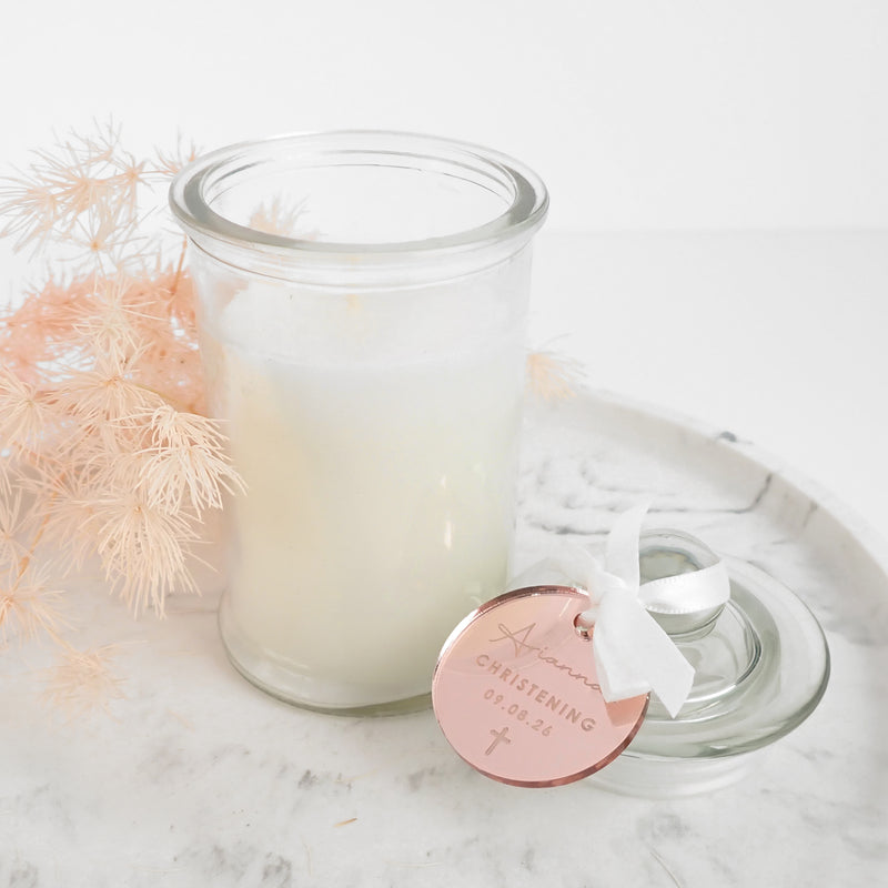 Christening Candle Favour Gift with Personalised Round Gold Engraved Gift Tag
