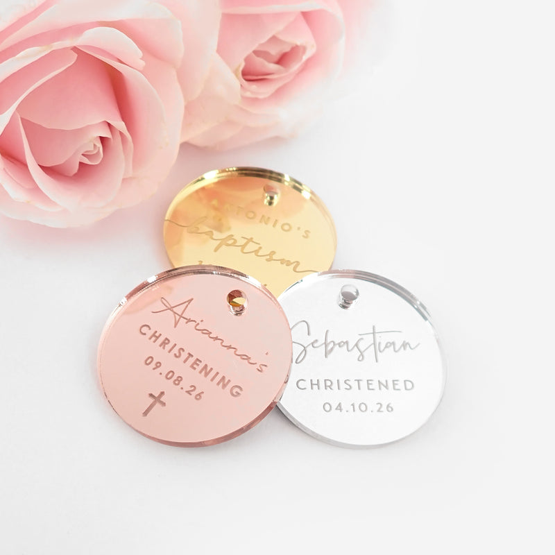 Christening Candle Favour Gift with Personalised Round Gold Engraved Gift Tag