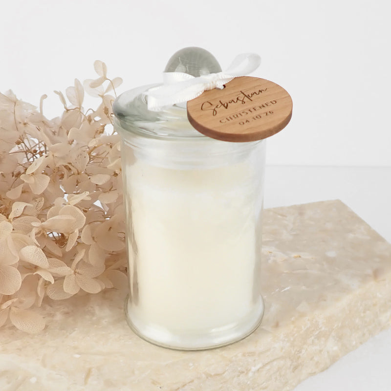 Customised Engraved Round wooden Gif Tag on Jasmine Candle
