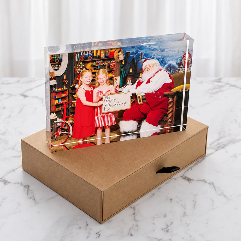 Kids Santa photo printed on a freestanding clear acrylic keepsake
