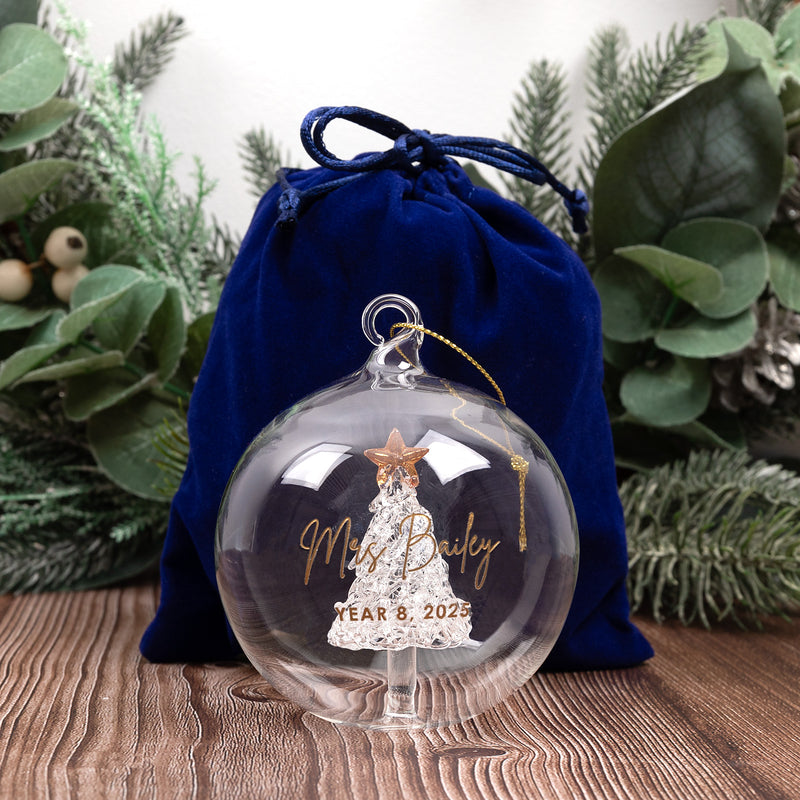 Personalised glass Christmas bauble for teachers with name class and year