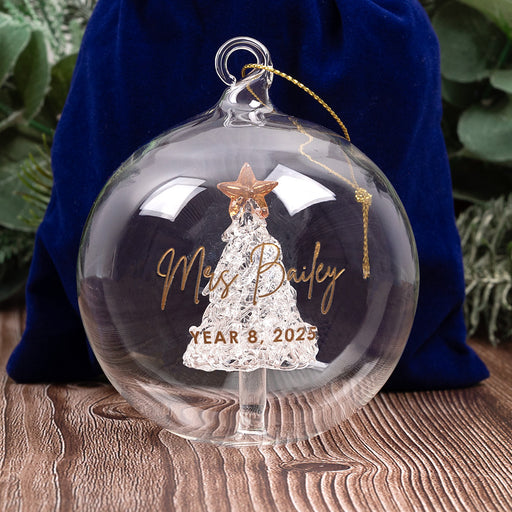 Teacher Christmas gift bauble with engraved name and gold star tree inside