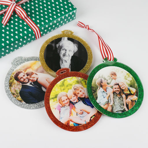 Personalised Christmas tree decoration with printed photo on glitter acrylic