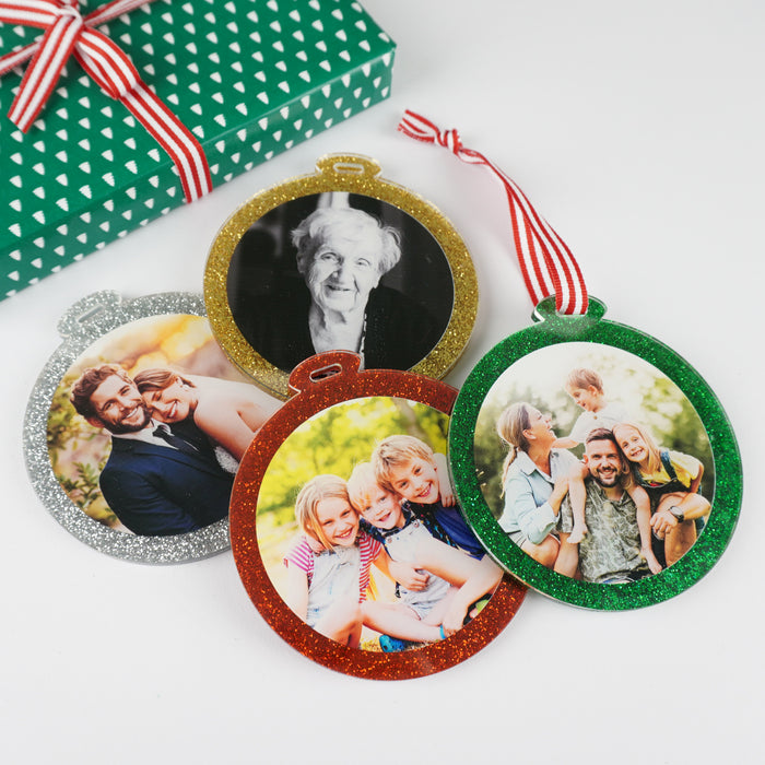 Personalised Christmas tree decoration with printed photo on glitter acrylic