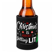 Black Christmas stubby holder with funny Christmas Is About Getting Lit slogan and colourful Christmas design.