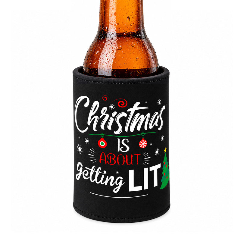 Black Christmas stubby holder with funny Christmas Is About Getting Lit slogan and colourful Christmas design.