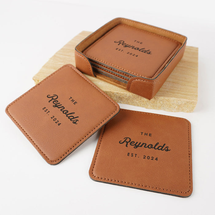 Personalised Engraved Set of 6 Christmas Square Leatherette Coasters Present