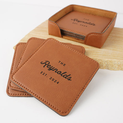 Personalised Engraved Christmas Leather Square Coasters Present Set