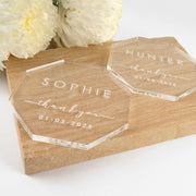 Personalised Engraved Clear Acrylic Octagon Name Wedding Reception Place Cards Coasters Favours
