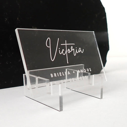 Personalised engraved clear rectangle placecard with acrylic stand