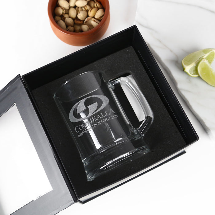 Personalised corporate beer mug with engraved logo and premium gift box