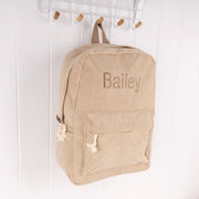 Personalised beige corduroy backpack with embroidered name